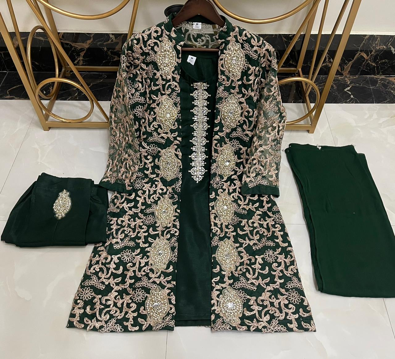 Green jacket party wear 4 pc kameez suit