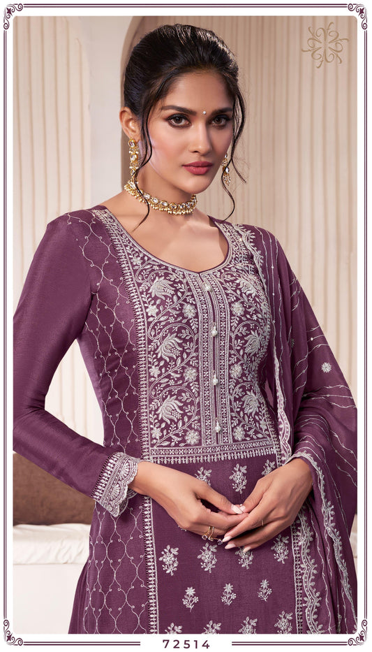 Lavender Silk Embroidered Palazzo Suit