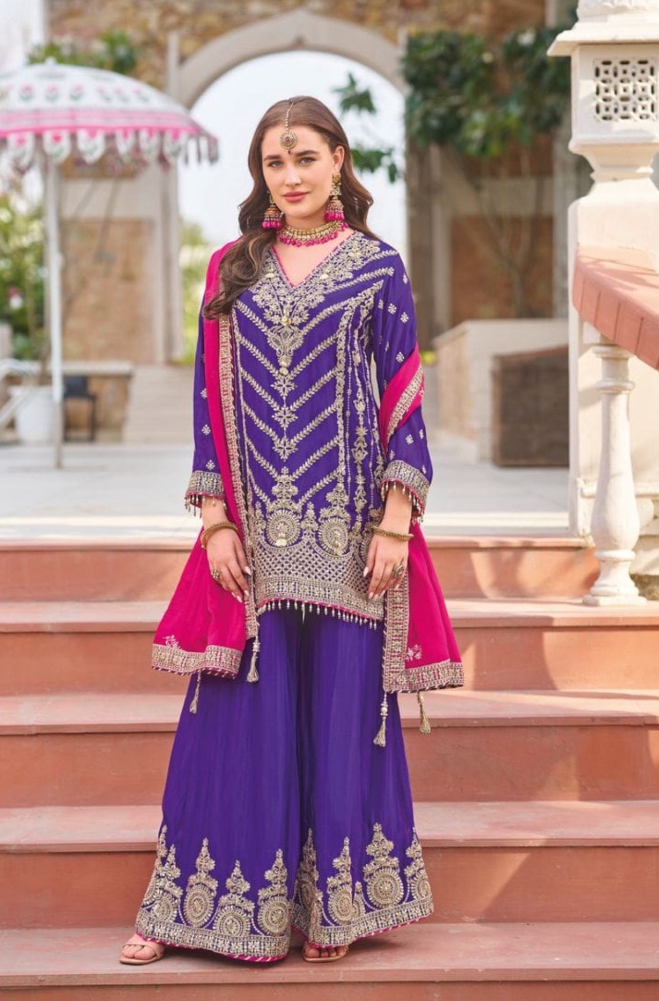 Purple Silk Embroidered Sarara Suit