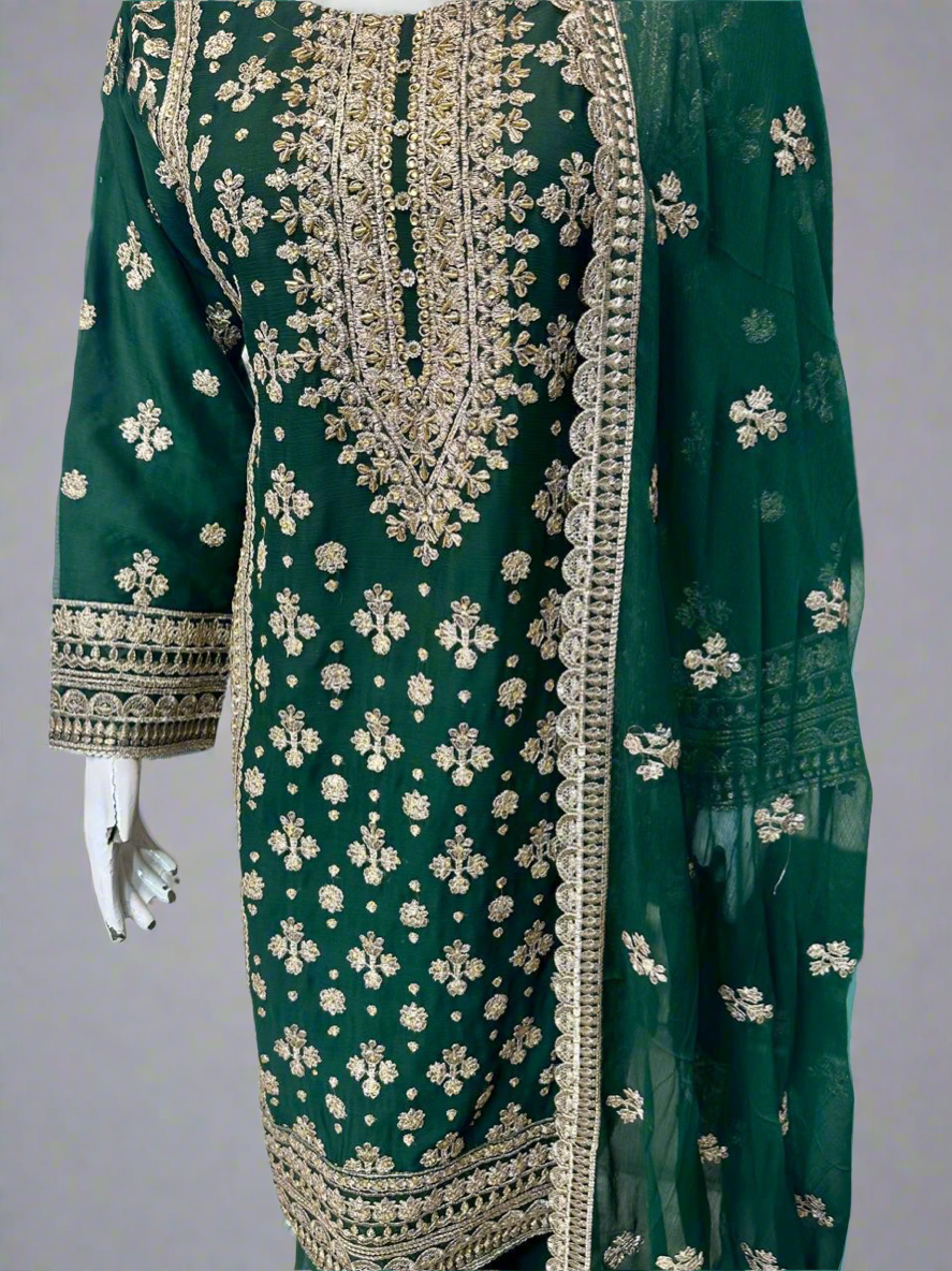 Green Chiffon Embroidered Gharara Suit