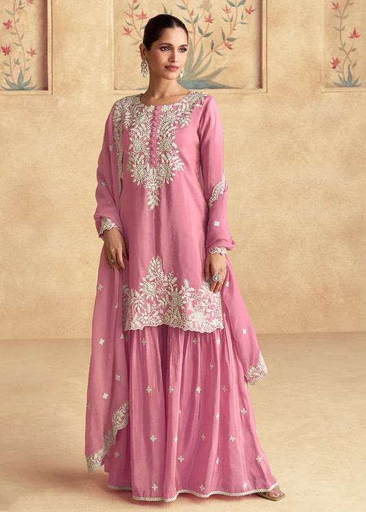 Pink embroidered gharara silk suit