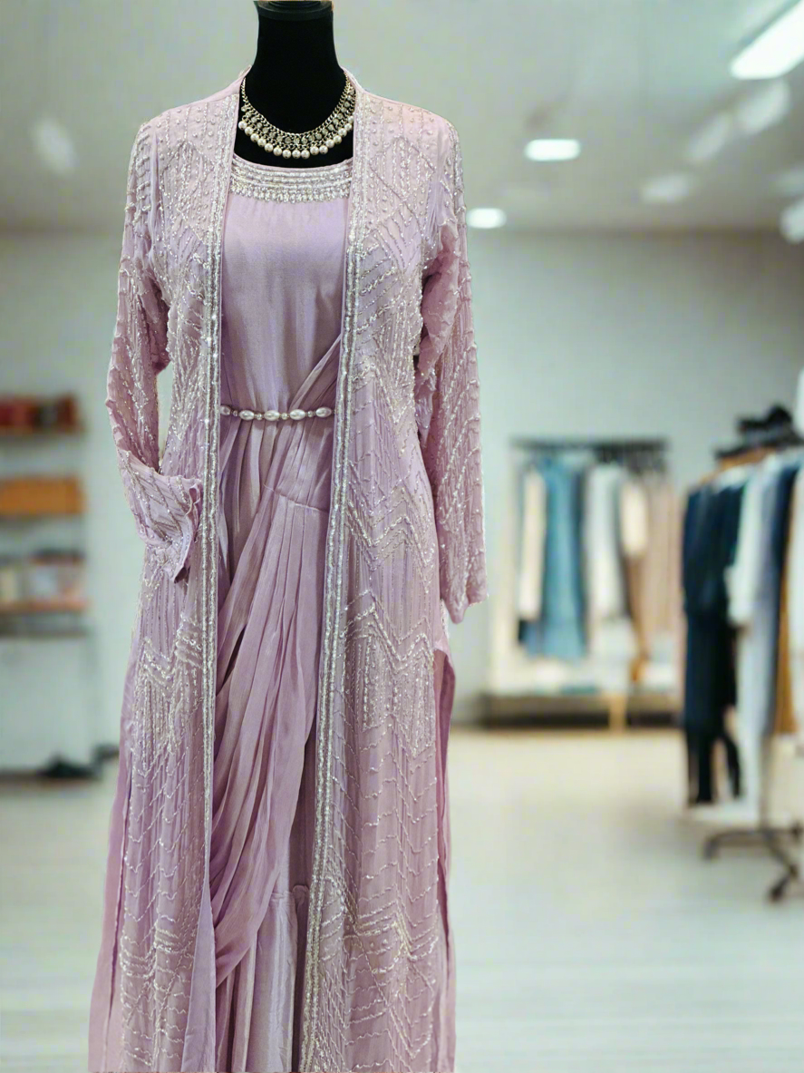 Lavender Silk Pearl work Anarkali Jacket Suit