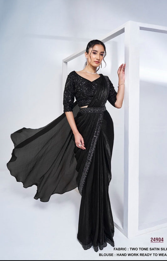 Black silk readymade fusion saree