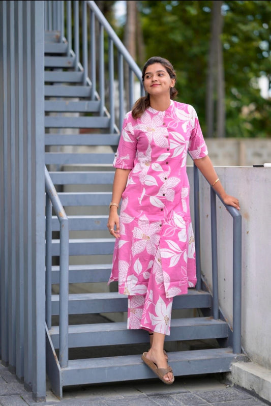 Pink Rayon 2 pc set pocket kurta pant