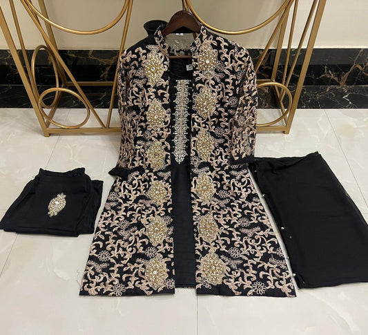 Black Embroidery 4 pc jacket suit