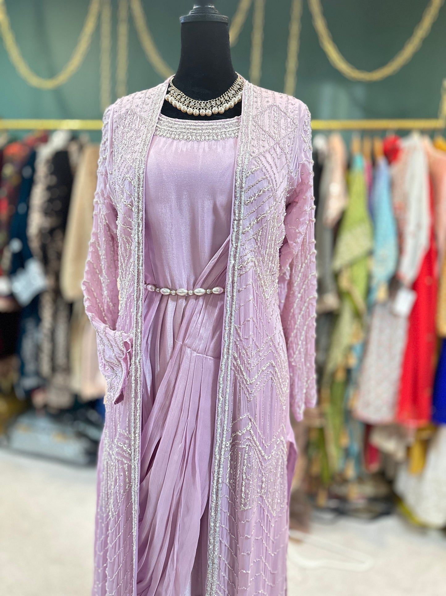 Lavender Silk Pearl work Anarkali Jacket Suit