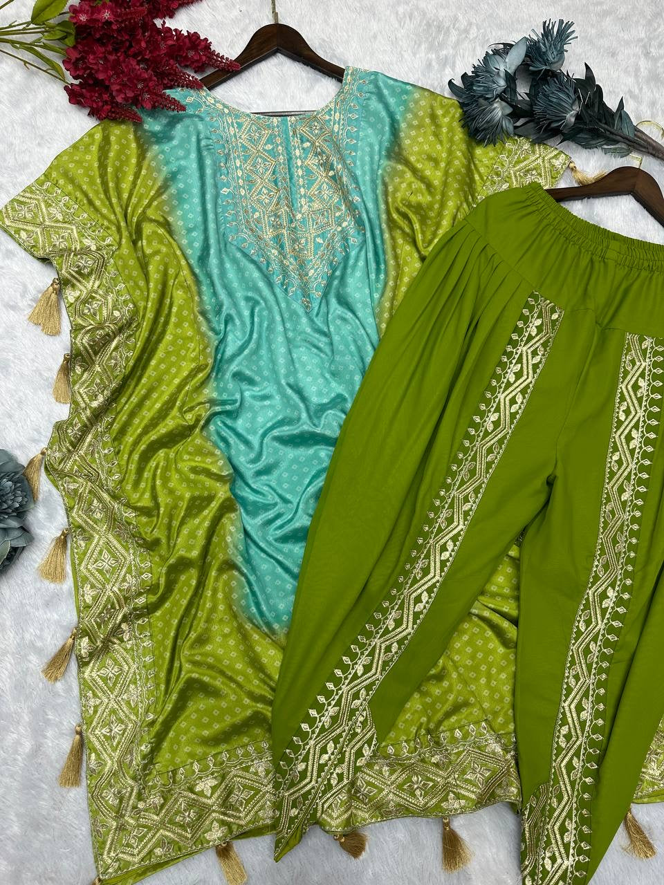 Silk embroidery kaftan 2 pc set