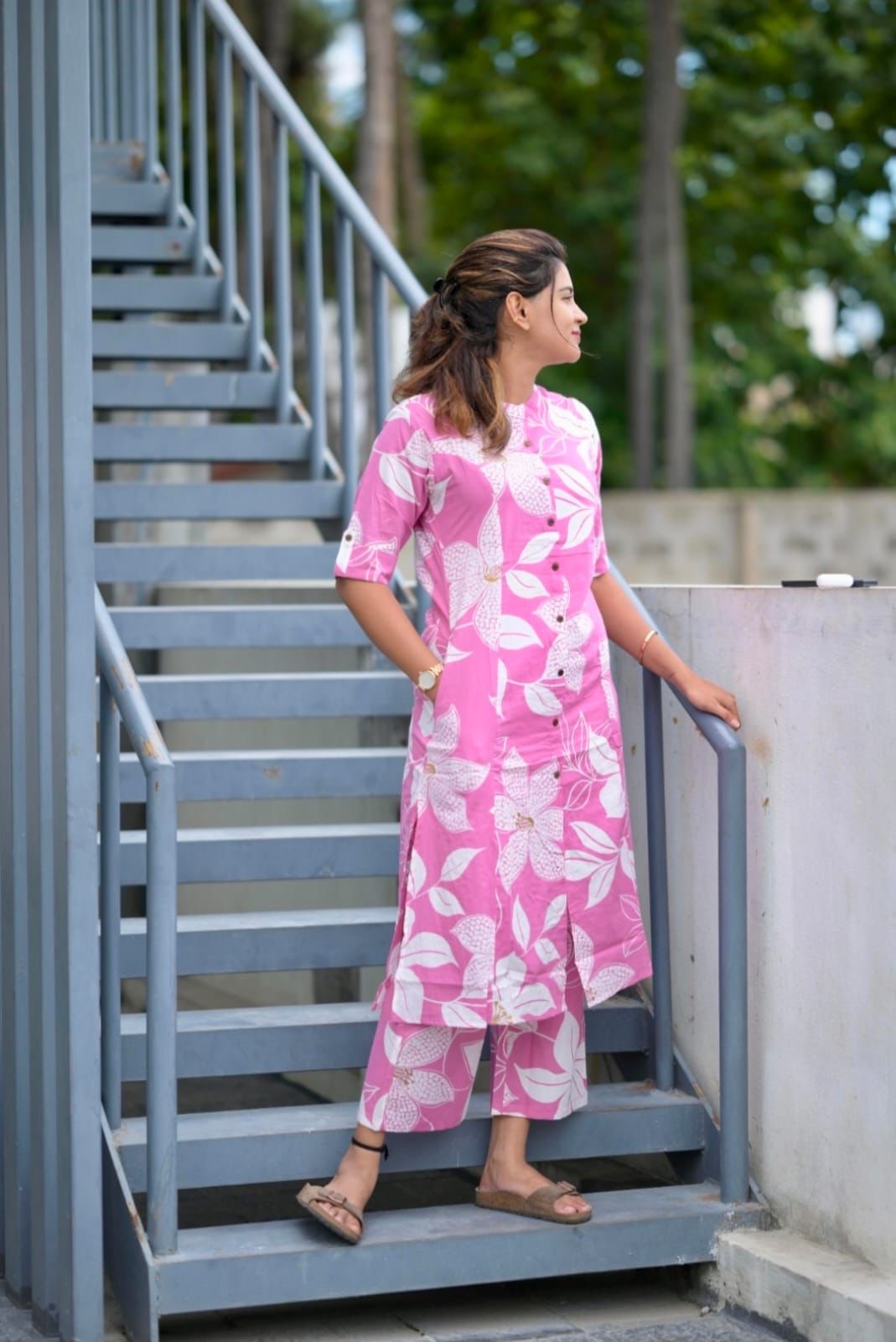 Pink Rayon 2 pc set pocket kurta pant