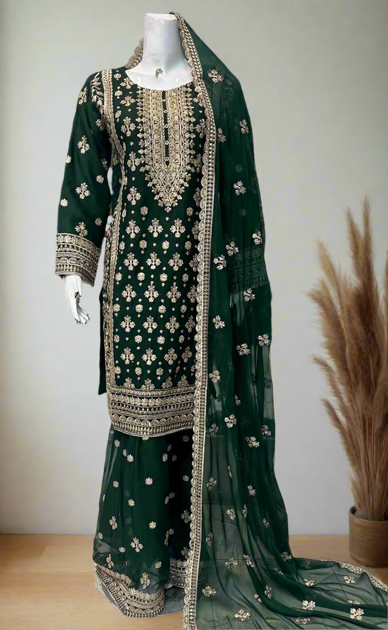 Green Chiffon Embroidered Gharara Suit