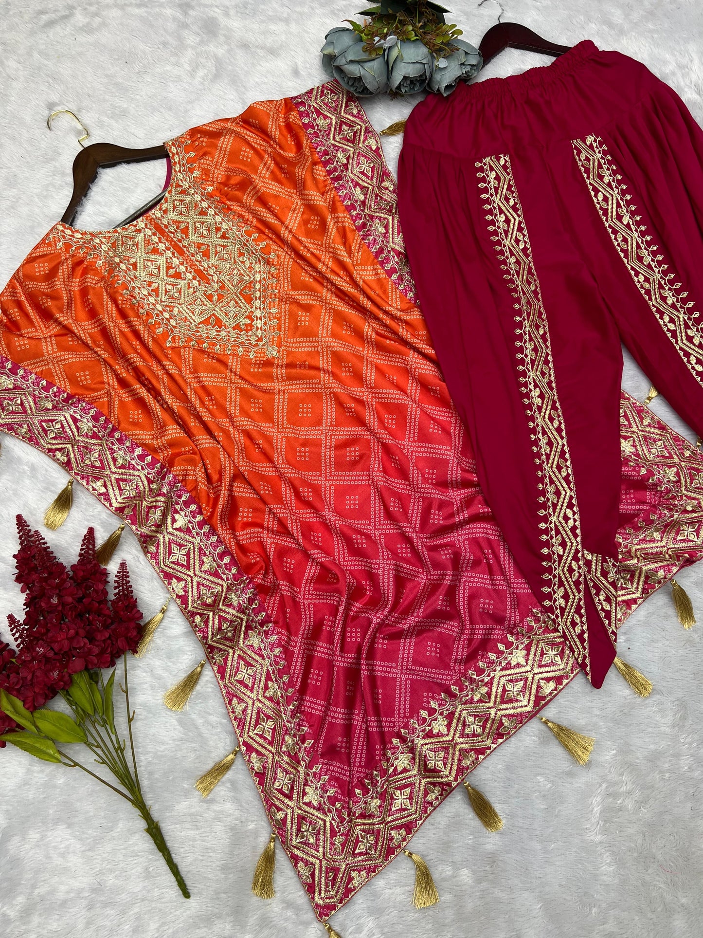 Silk embroidery kaftan 2 pc set