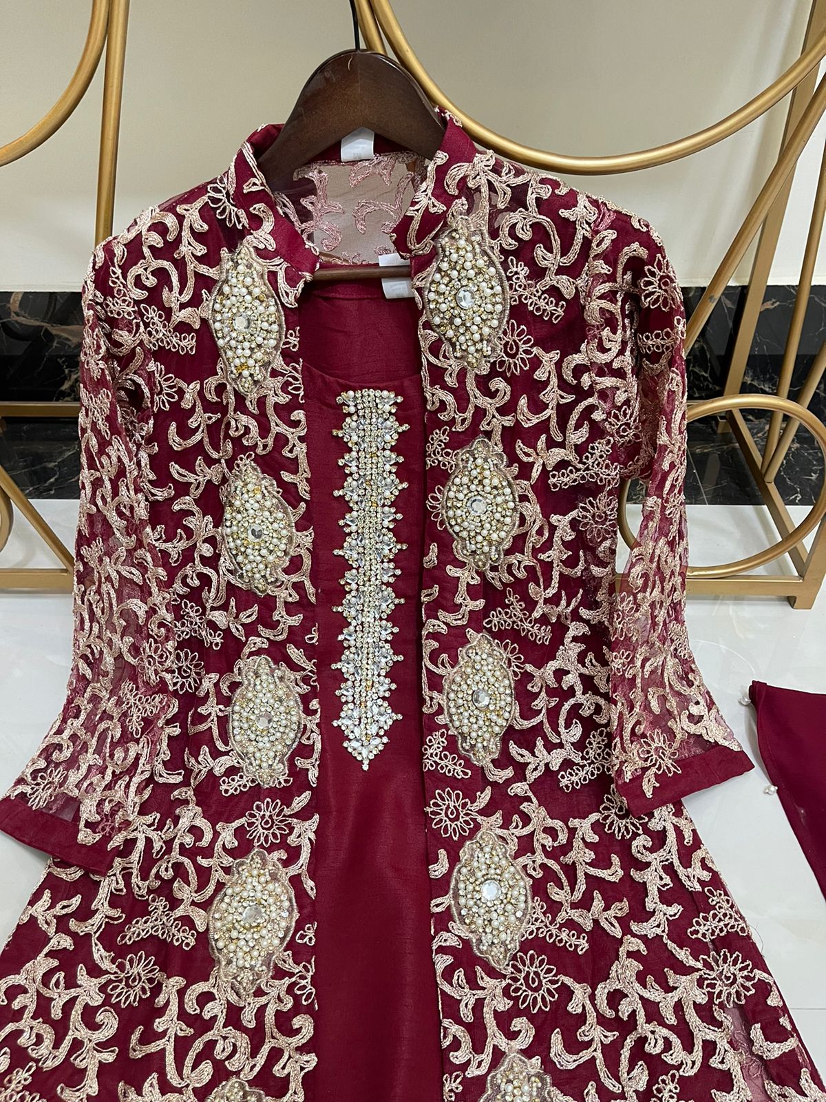 Red silk jacket suit