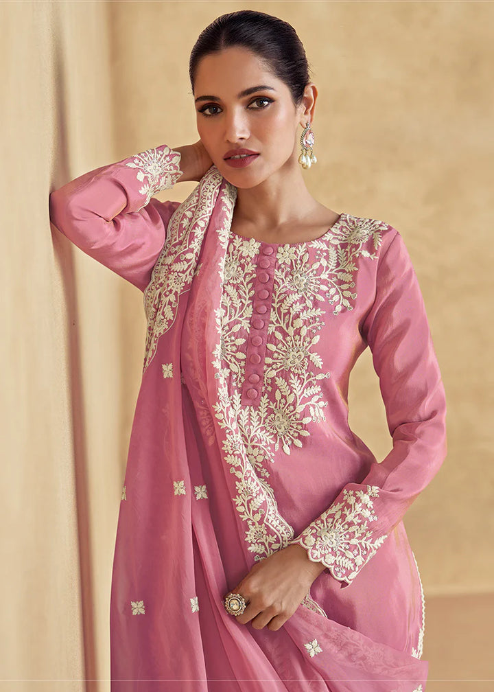 Pink embroidered gharara silk suit