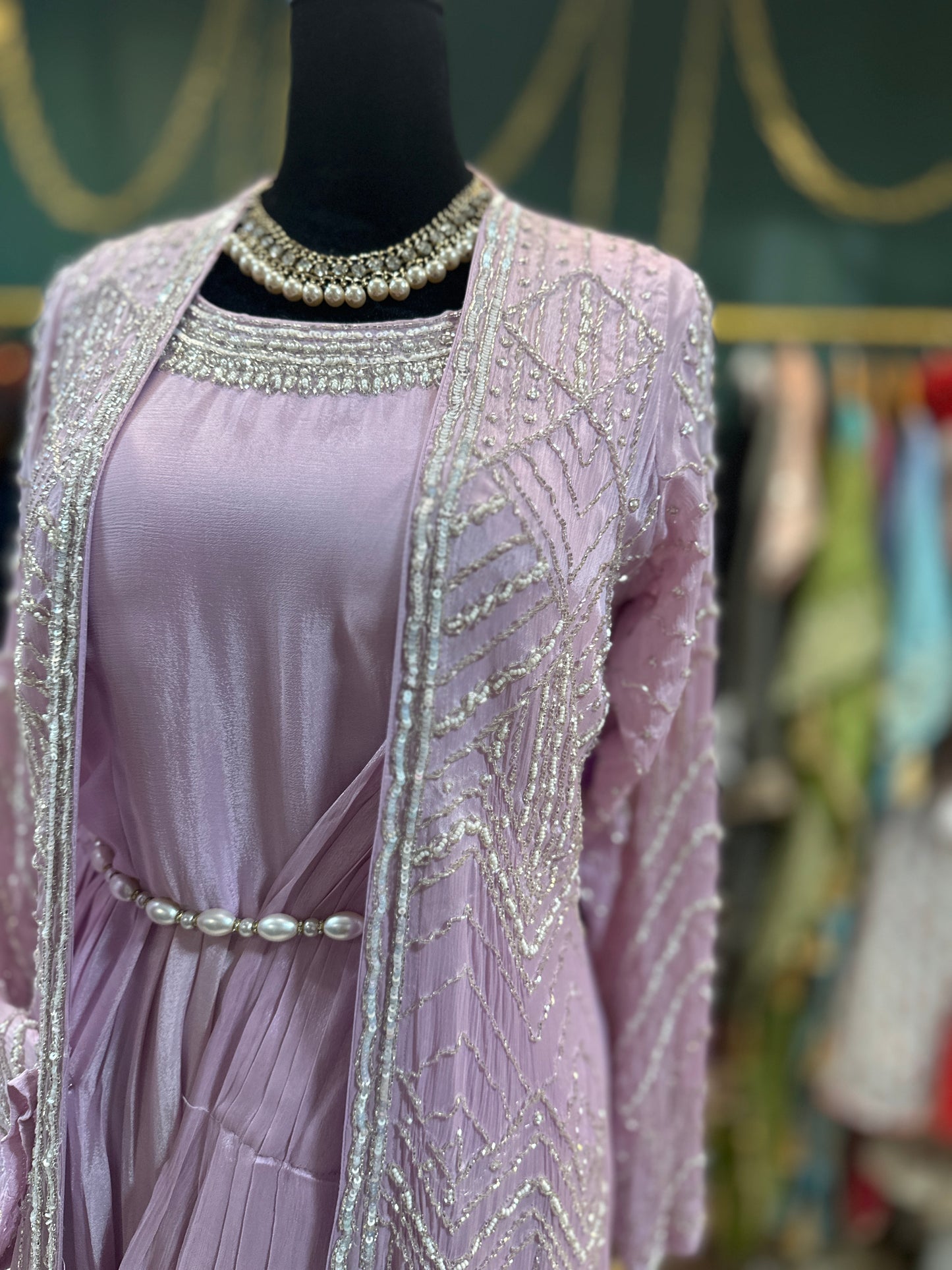 Lavender Silk Pearl work Anarkali Jacket Suit