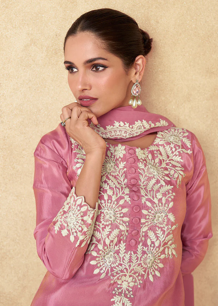 Pink embroidered gharara silk suit