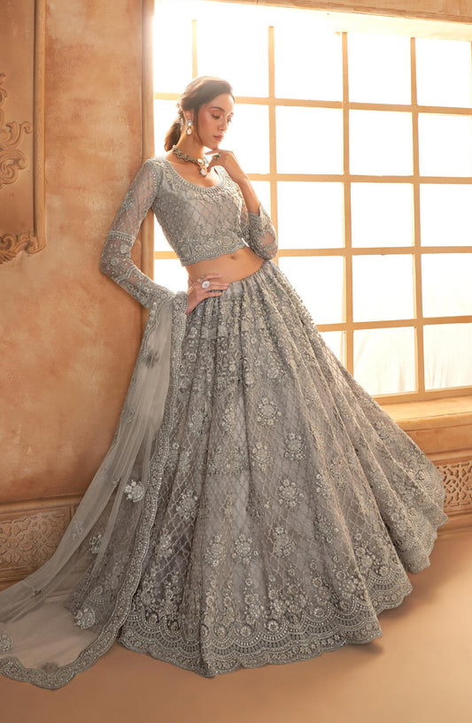 Grey embroidered bridal lehenga