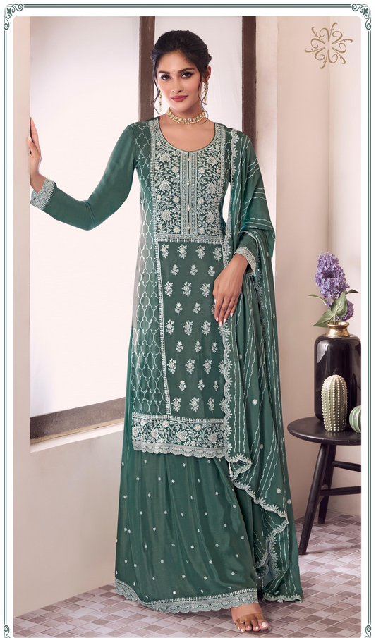 Green Silk Embroidered Sharara Suit