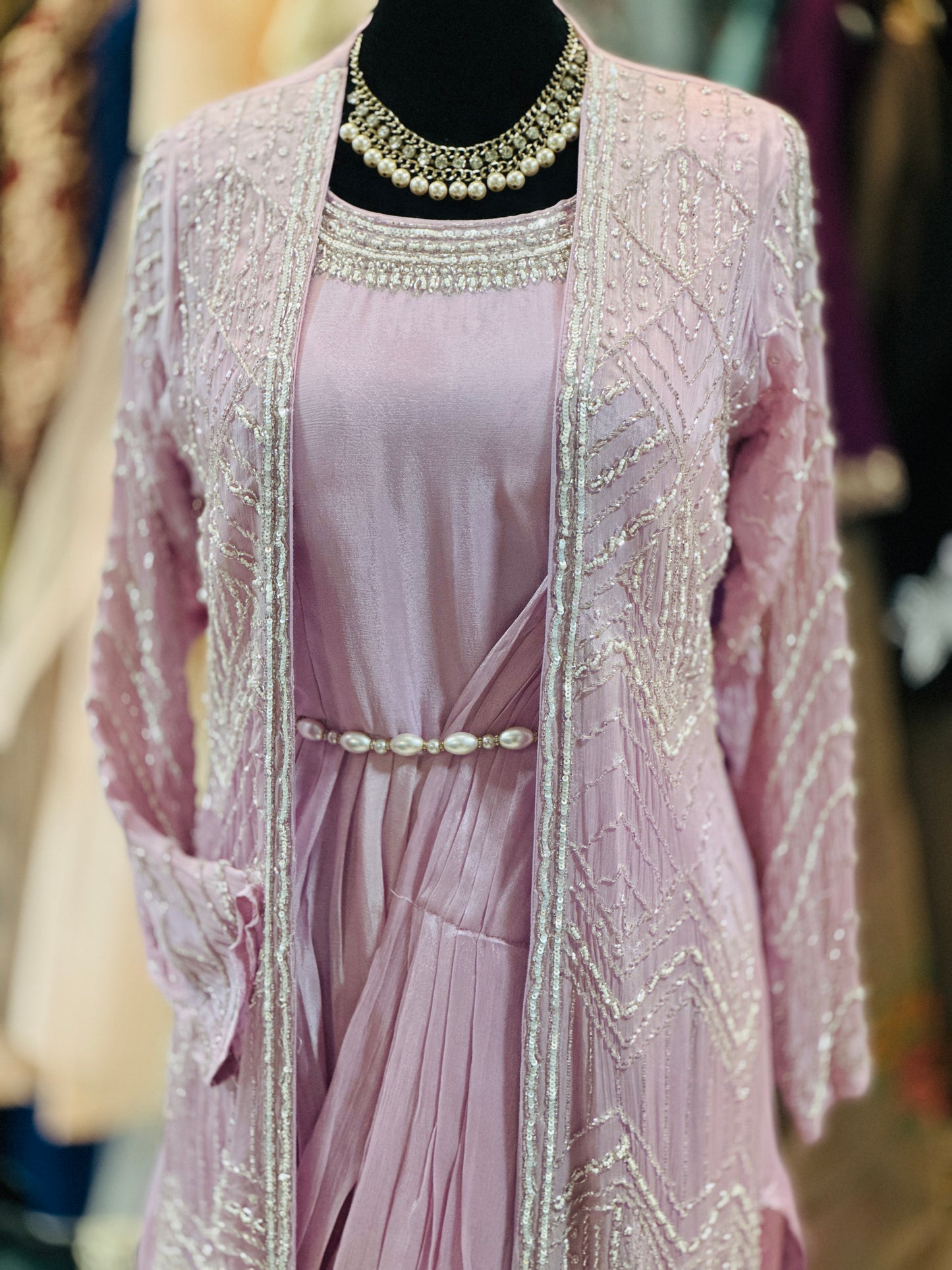 Lavender Silk Pearl work Anarkali Jacket Suit