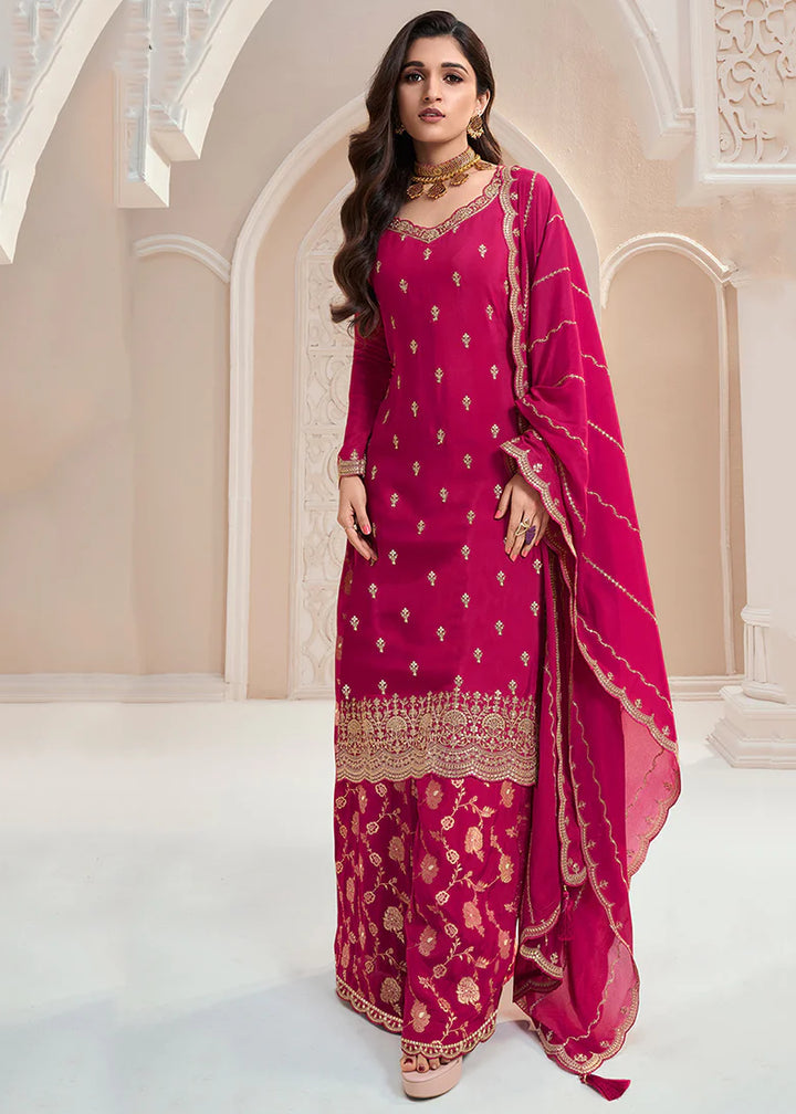 Hot Pink Silk Embroidered Sarara Suit