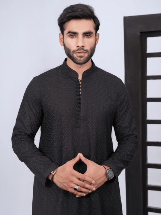 Man's Black Chikankari with Sequence design Kurta Pajama