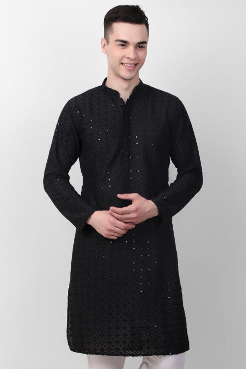 Man's Black Chikankari with Sequence design Kurta Pajama