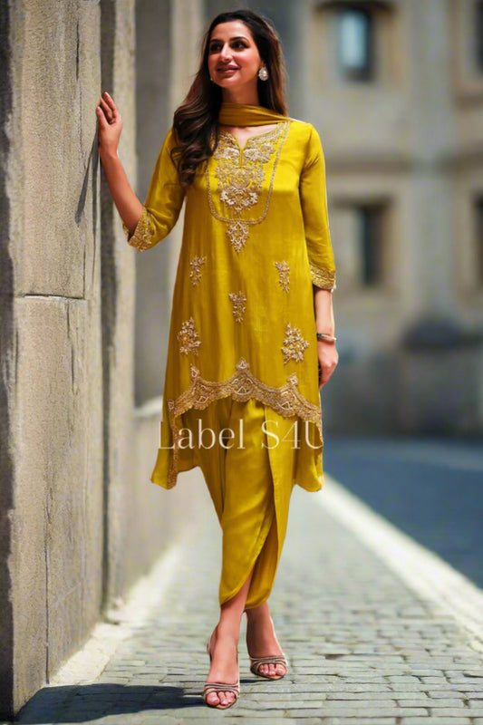 Olive green silk tulip kameez