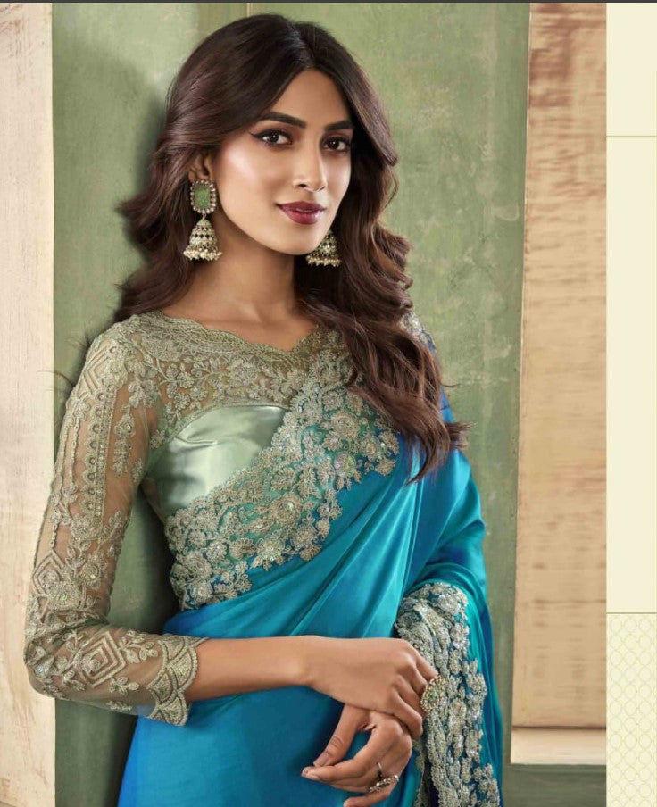 Teal Party Saree with Readymade Blouse