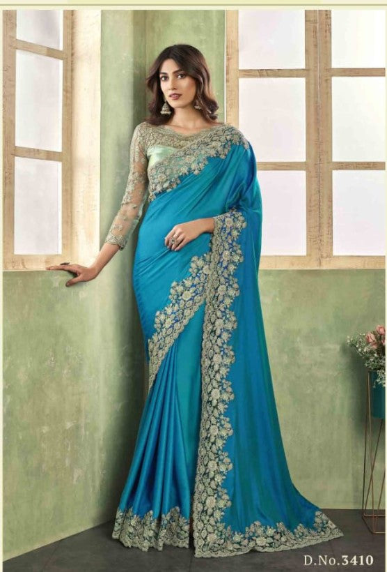 Teal Party Saree with Readymade Blouse