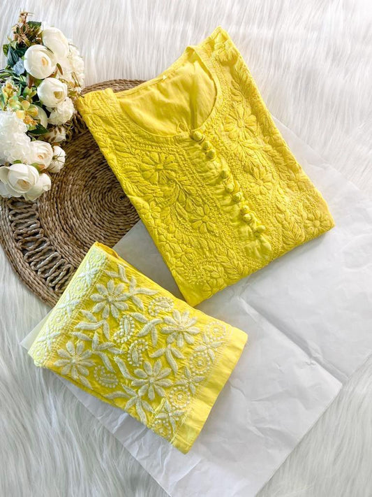 Mulmul cotton yellow chikankari 2 pc set