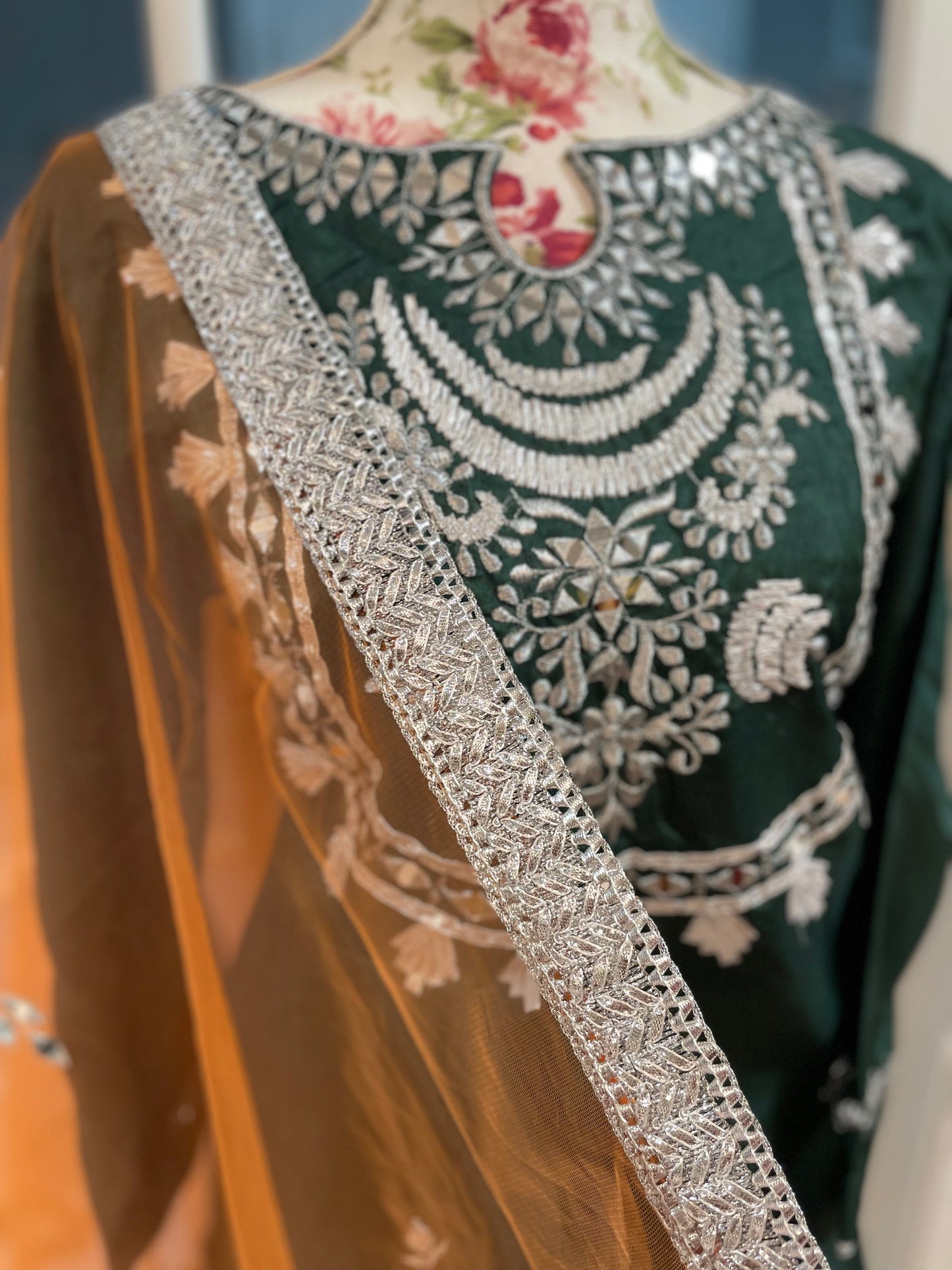 Dark green heavy silk mirror suit