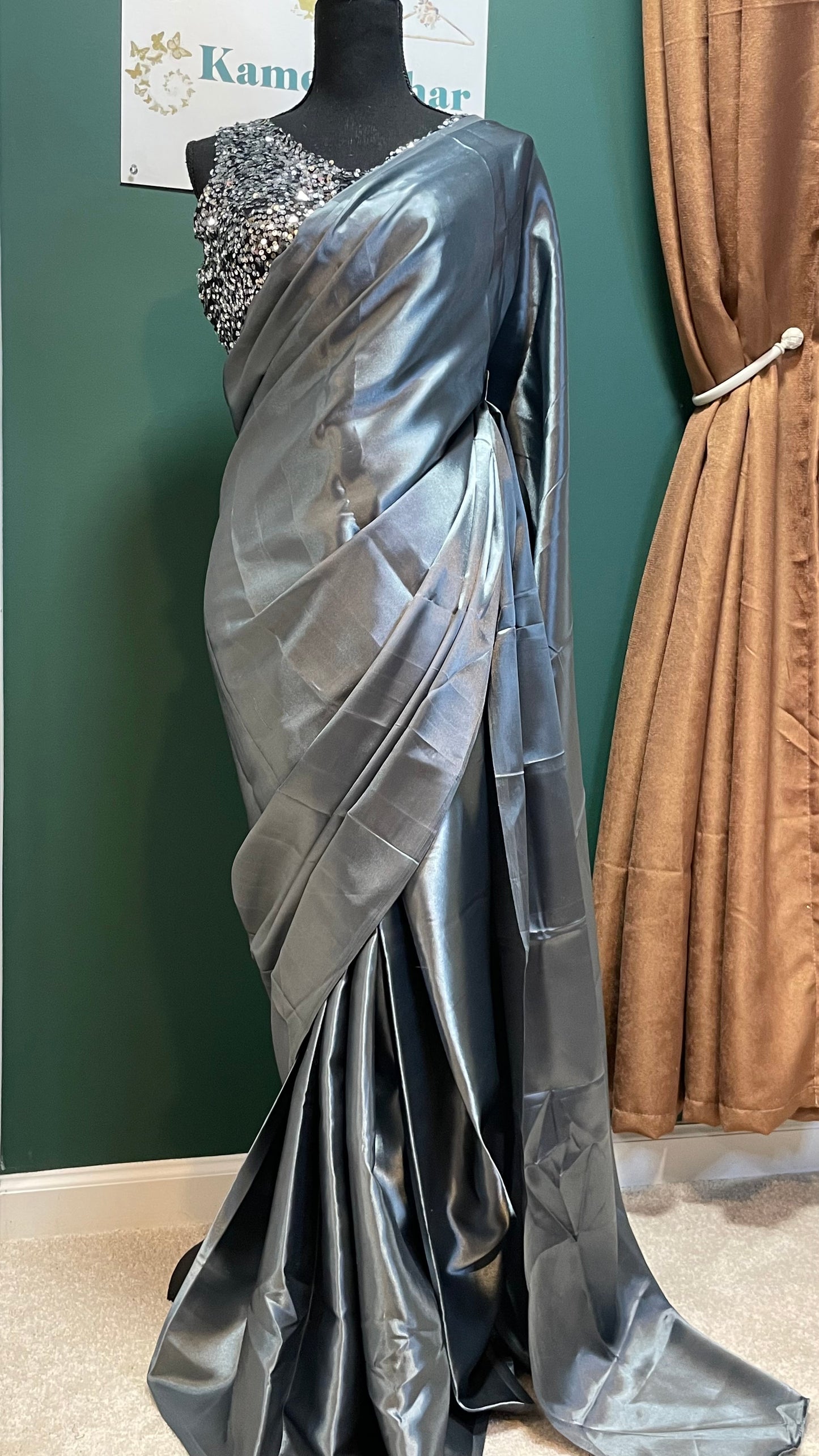 Gray Solid Satin Silk Saris with Sequins Blouse