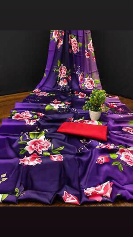 Purple satin silk saree