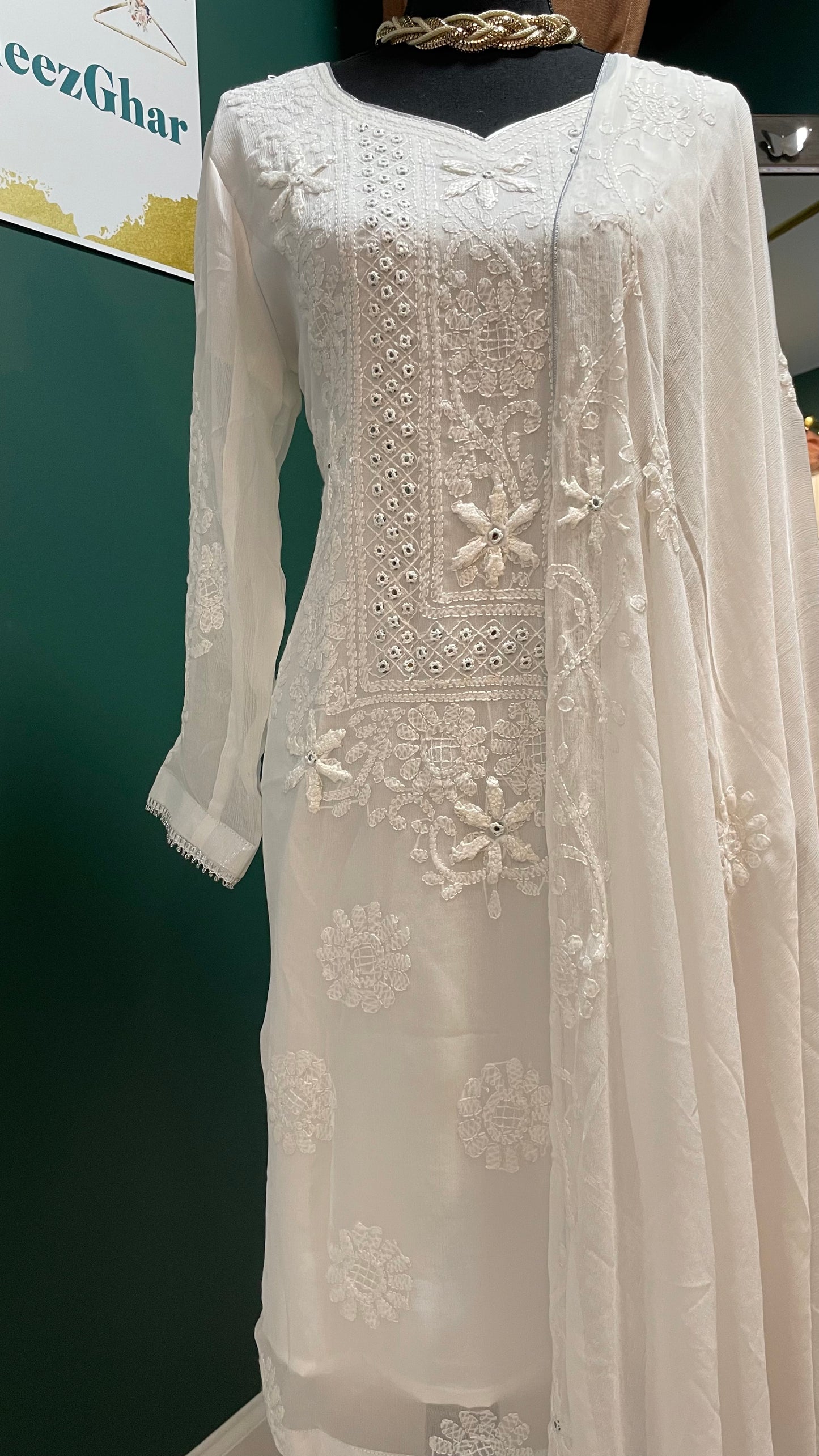 White Chiffon Chikankari Casual Suit