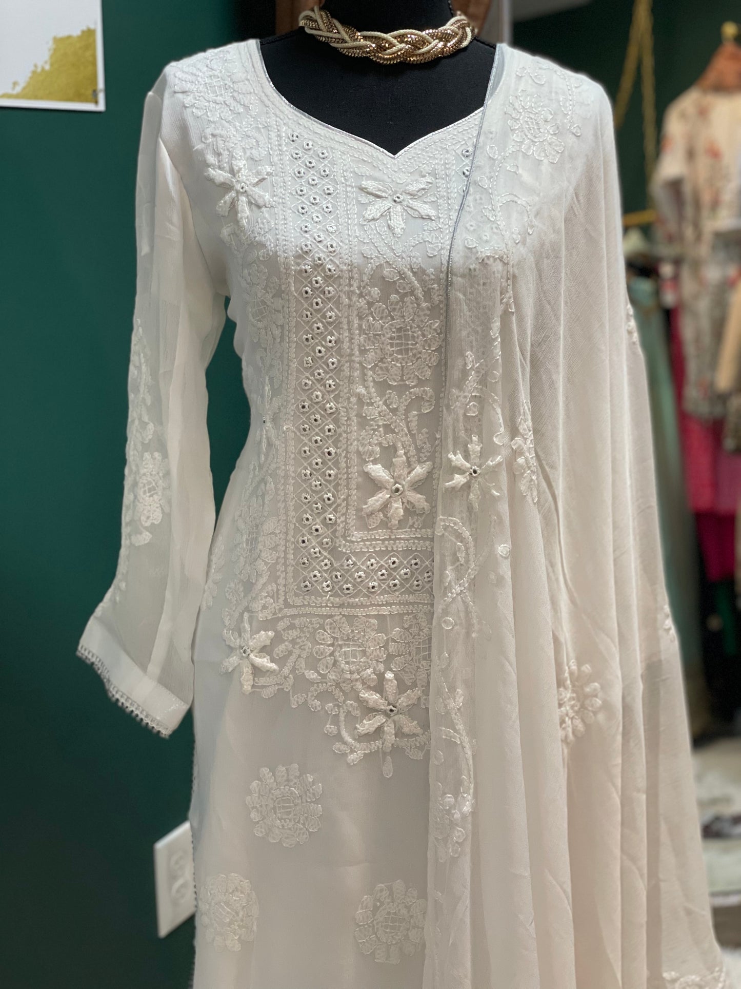 White Chiffon Chikankari Casual Suit