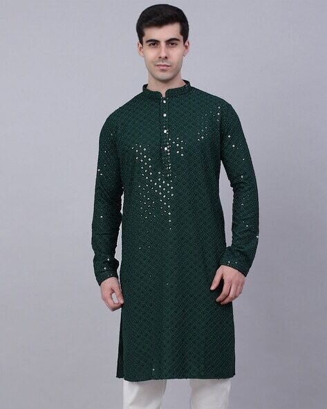 Dark Green Chickenkari Kurta Pajama