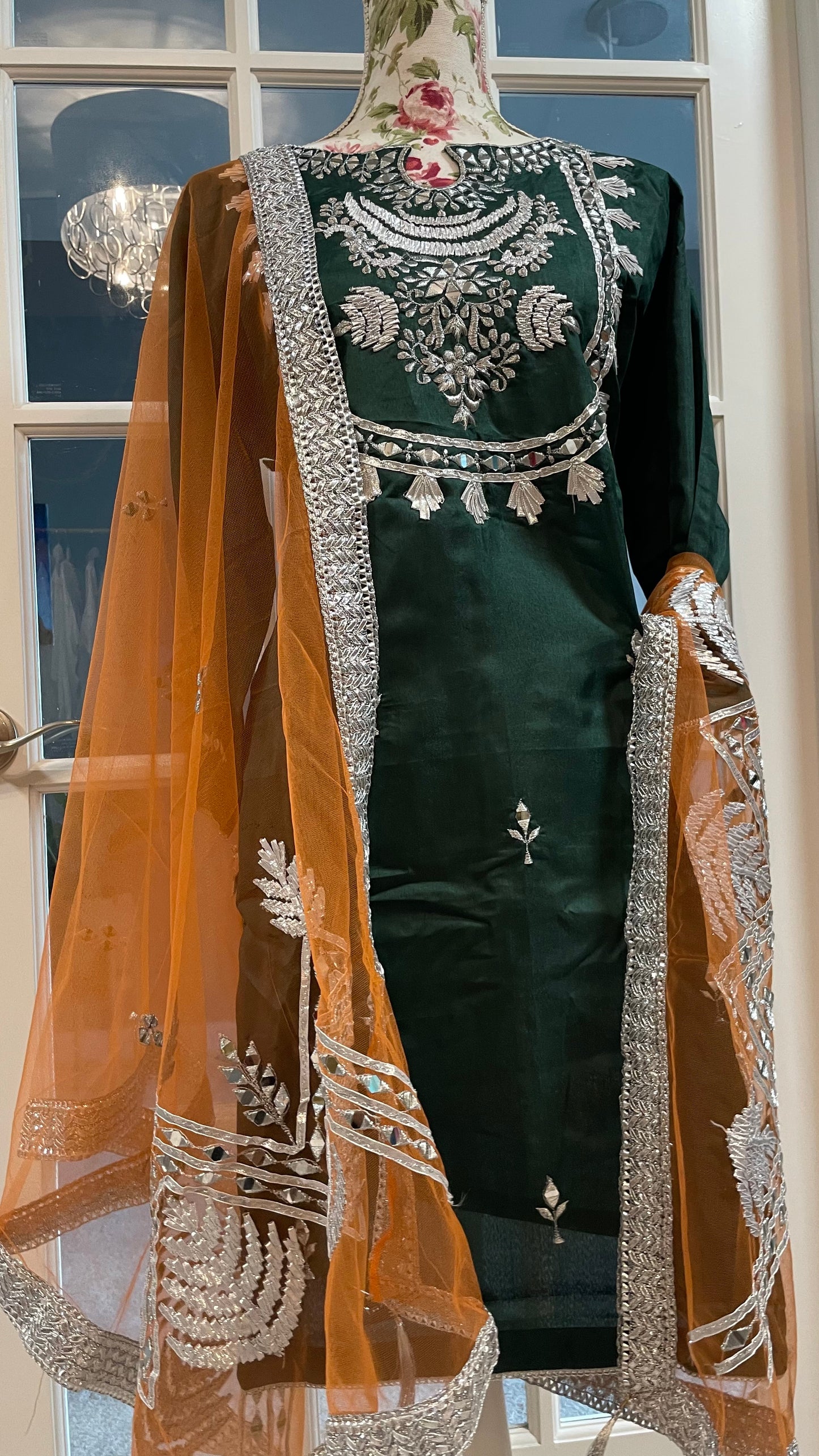 Dark green heavy silk mirror suit