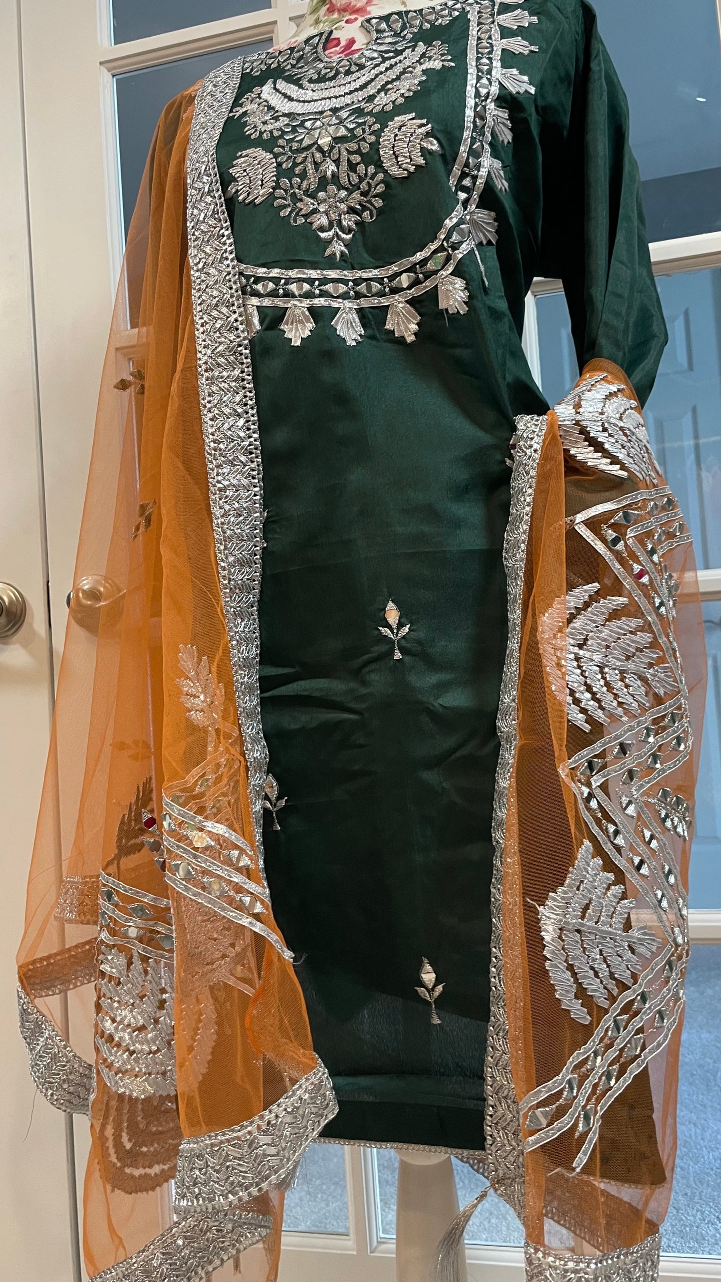 Dark green heavy silk mirror suit