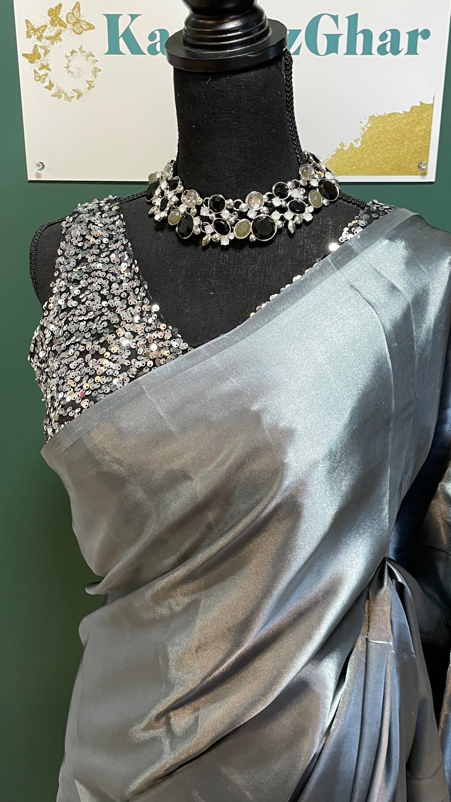 Gray Solid Satin Silk Saris with Sequins Blouse