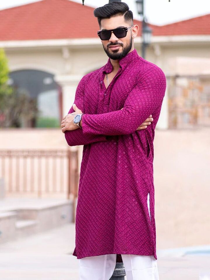 Deep purple Chickenkari Kurta Pajama set