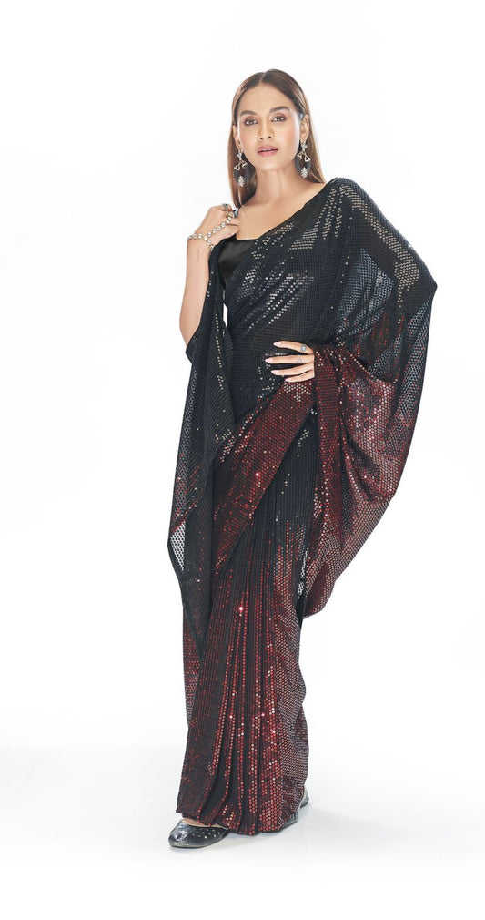 Black and mehroon shaded sequins saree