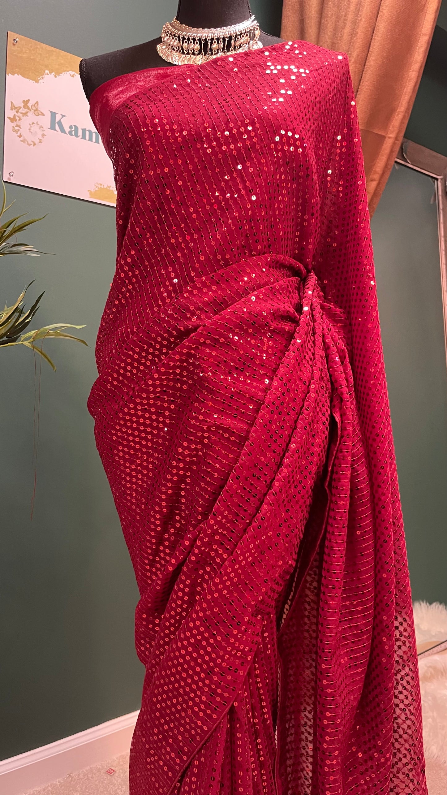 Red Wine Sequins Saree with Unstitched Blouse