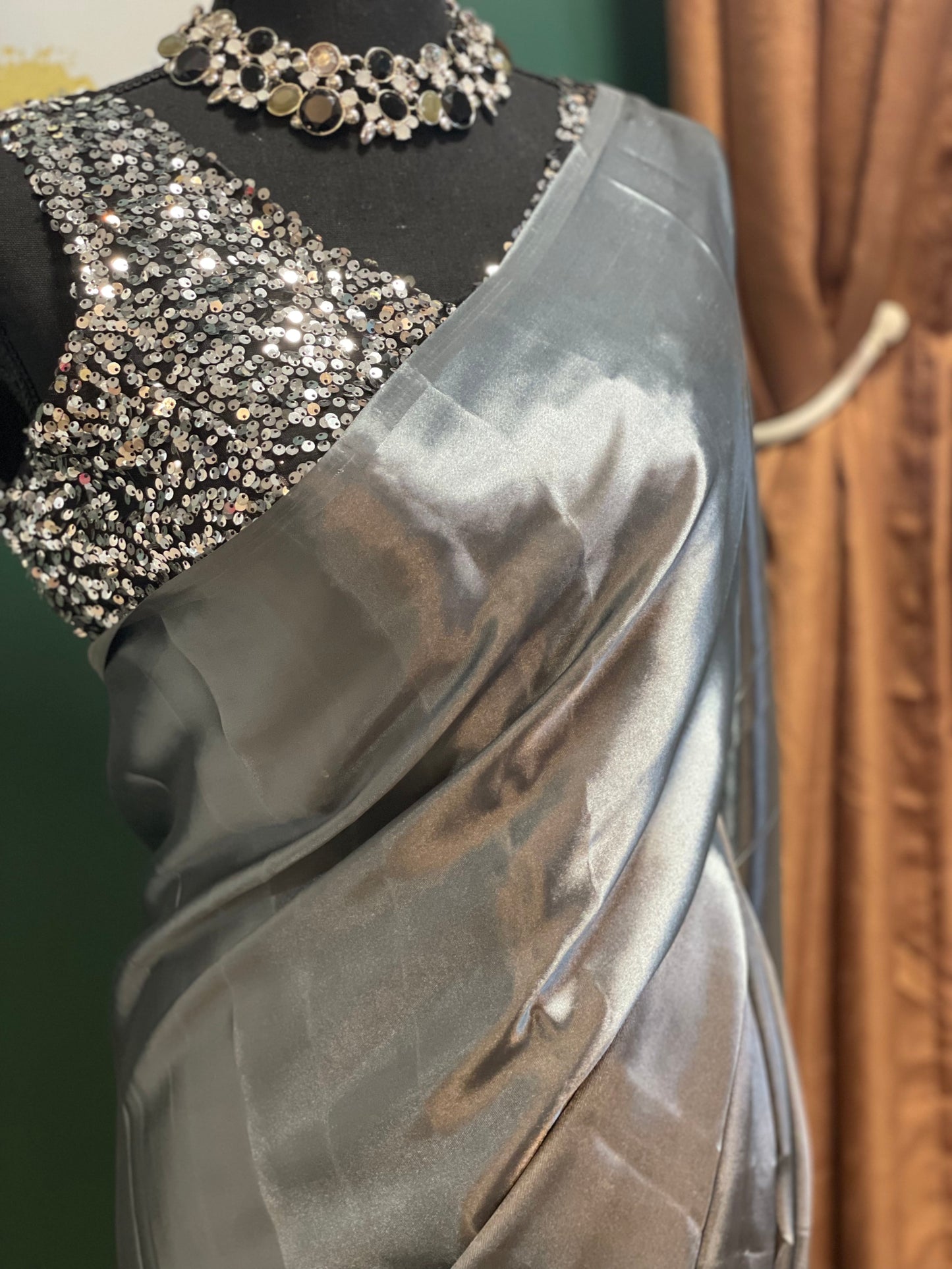 Gray Solid Satin Silk Saris with Sequins Blouse