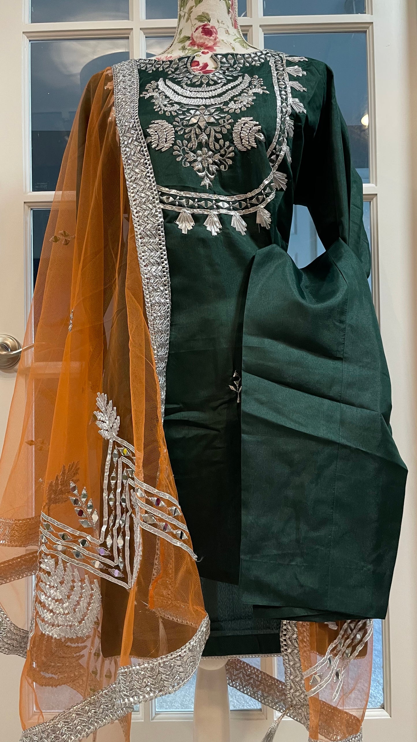 Dark green heavy silk mirror suit