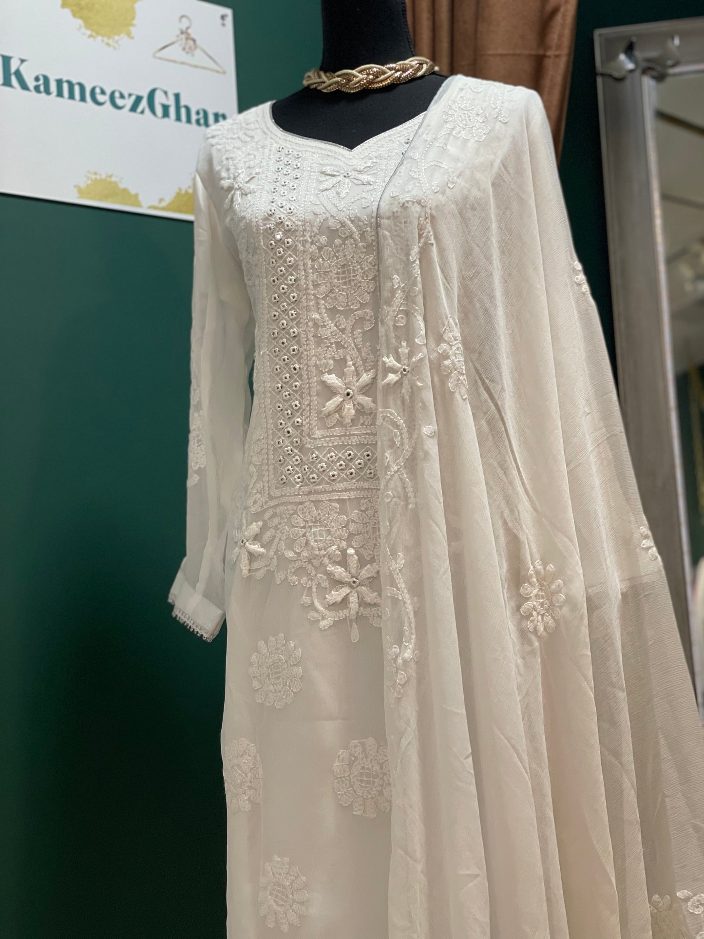 White Chiffon Chikankari Casual Suit