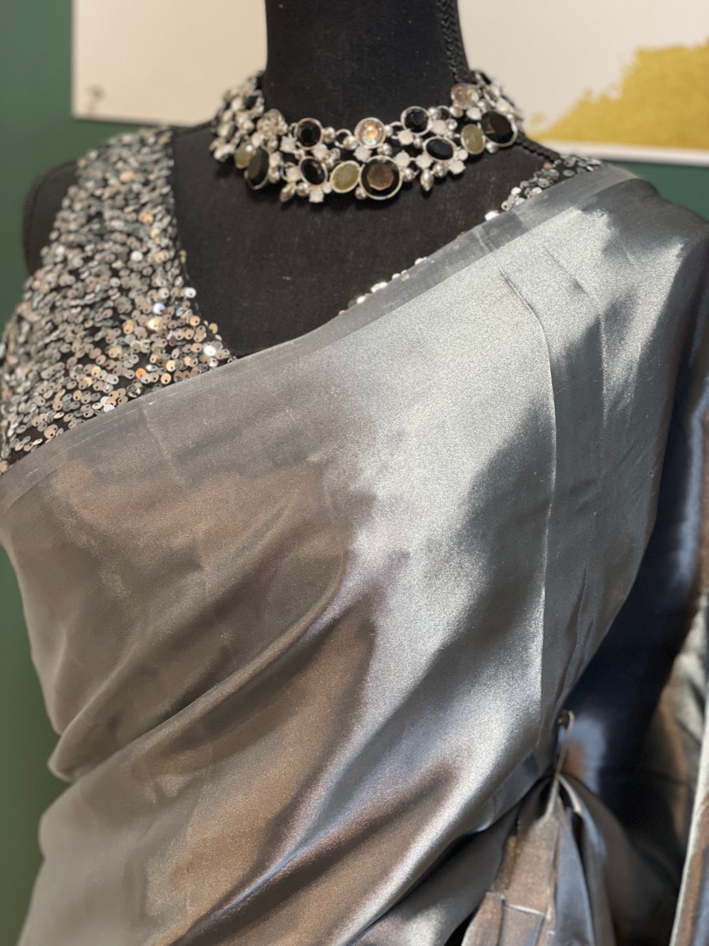 Gray Solid Satin Silk Saris with Sequins Blouse