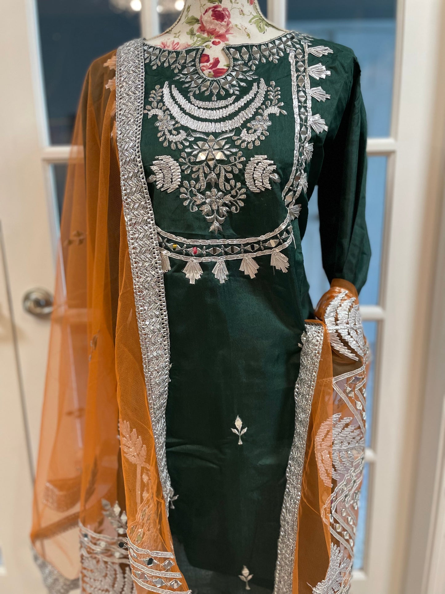 Dark green heavy silk mirror suit