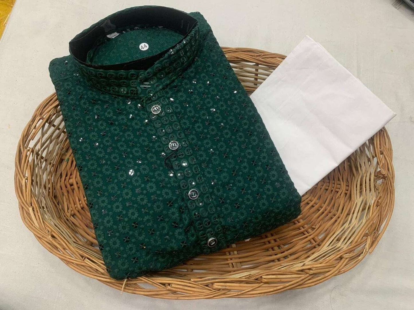 Dark Green Chickenkari Kurta Pajama