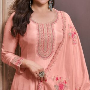 peach pink silk embroidered party wear anarkali suit