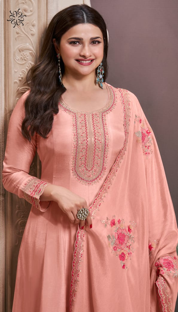 peach pink silk embroidered party wear anarkali suit