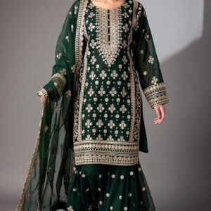 green chiffon embroidered gharara suit