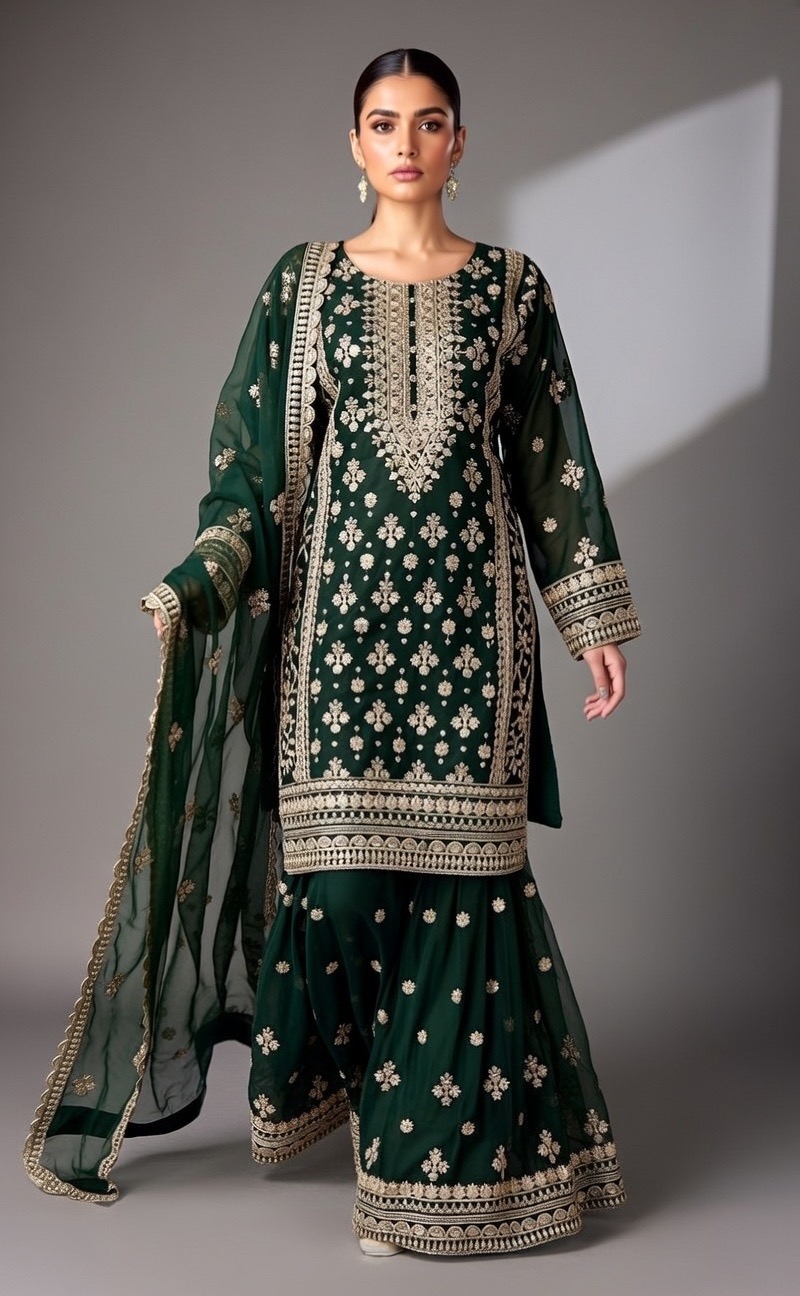 green chiffon embroidered gharara suit